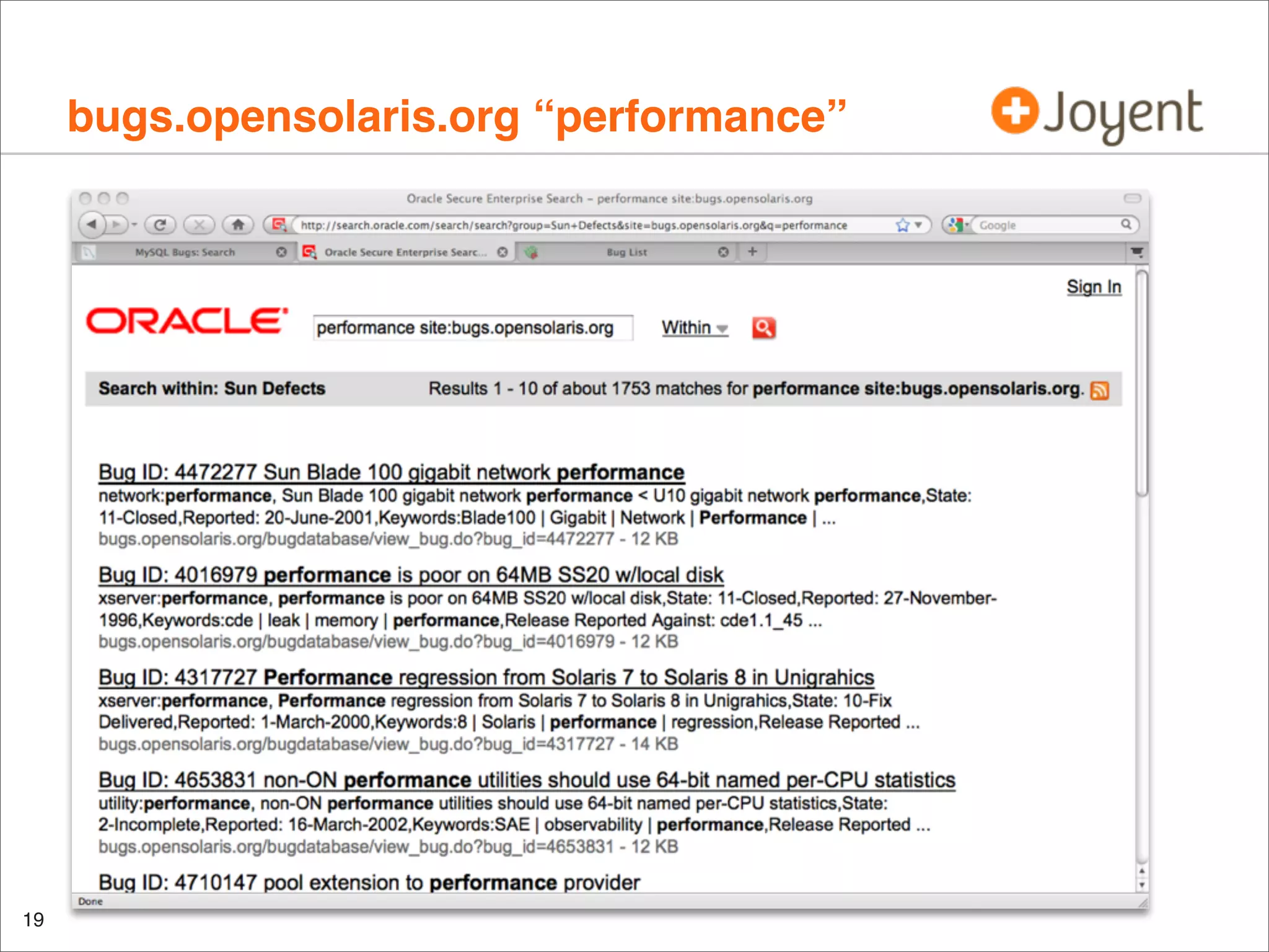 bugs.opensolaris.org “performance”

•

19

 