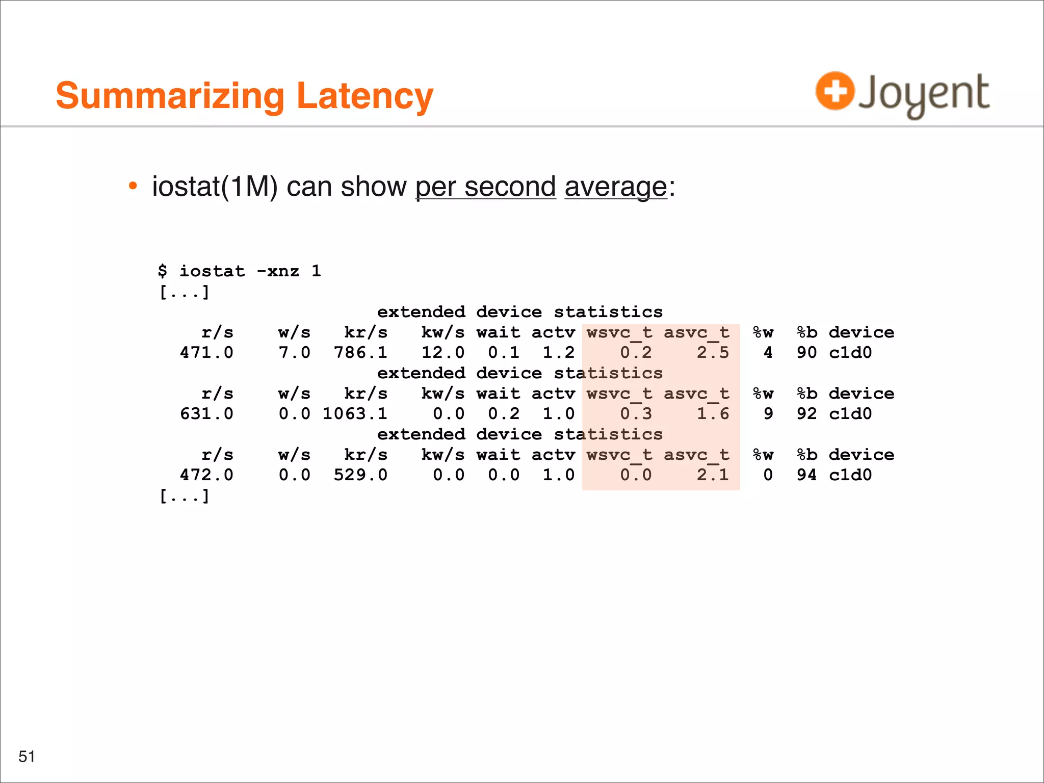 Summarizing Latency
•

iostat(1M) can show per second average:
$ iostat -xnz 1
[...]
r/s
471.0
r/s
631.0

w/s
0.0

r/s
472.0
[...]

51

w/s
7.0

w/s
0.0

extended
kr/s
kw/s
786.1
12.0
extended
kr/s
kw/s
1063.1
0.0
extended
kr/s
kw/s
529.0
0.0

device statistics
wait actv wsvc_t asvc_t
0.1 1.2
0.2
2.5
device statistics
wait actv wsvc_t asvc_t
0.2 1.0
0.3
1.6
device statistics
wait actv wsvc_t asvc_t
0.0 1.0
0.0
2.1

%w
4

%b device
90 c1d0

%w
9

%b device
92 c1d0

%w
0

%b device
94 c1d0

 