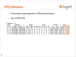 CPU Utilization
•

Commonly used indicator of CPU performance

•

eg, vmstat(1M)

$ vmstat 1 5
kthr
memory
r b w
swap free re
0 0 0 95125264 28022732
0 0 0 91512024 25075924
0 0 0 91511864 25075796
0 0 0 91511228 25075164
0 0 0 91510824 25074940

101

page
disk
faults
cpu
mf pi po fr de sr s0 s1 s2 s3
in
sy
cs us sy id
301 1742 1 17 17 0 0 -0 -0 -0 6 5008 21927 3886 4 1 94
6 55 0 0 0 0 0 0 0 0 0 4665 18228 4299 10 1 89
9 24 0 0 0 0 0 0 0 0 0 3504 12757 3158 8 0 92
3 163 0 0 0 0 0 0 0 0 0 4104 15375 3611 9 5 86
5 66 0 0 0 0 0 0 0 0 0 4607 19492 4394 10 1 89

 