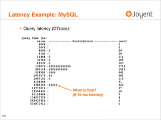 Latency Example: MySQL
•

Query latency (DTrace):
query time (ns)
value ------------- Distribution ------------1024 |
2048 |
4096 |@
8192 |
16384 |@
32768 |@
65536 |@
131072 |@@@@@@@@@@@@@
262144 |@@@@@@@@@@@
524288 |@@@@
1048576 |@@
2097152 |@
4194304 |
8388608 |@@@@@
16777216 |
What is this?
33554432 |
67108864 |
(8-16 ms latency)
134217728 |
268435456 |
536870912 |

118

count
0
2
99
20
114
105
123
1726
1515
601
282
114
61
660
67
12
7
4
5
0

 