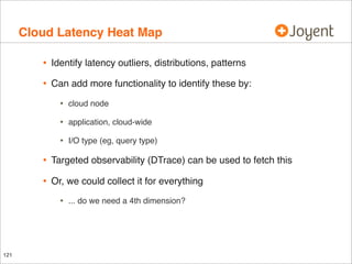 Cloud Latency Heat Map
•

Identify latency outliers, distributions, patterns

•

Can add more functionality to identify these by:

•

cloud node

•

application, cloud-wide

•

I/O type (eg, query type)

•

Targeted observability (DTrace) can be used to fetch this

•

Or, we could collect it for everything

•

121

... do we need a 4th dimension?

 