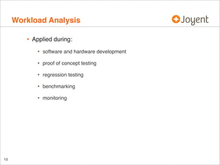 Workload Analysis
•

Applied during:

•
•

proof of concept testing

•

regression testing

•

benchmarking

•

13

software and hardware development

monitoring

 