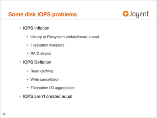 Some disk IOPS problems
•

IOPS Inﬂation

•
•

Filesystem metadata

•

•

Library or Filesystem prefetch/read-ahead

RAID stripes

IOPS Deﬂation

•
•

32

Write cancellation

•

•

Read caching

Filesystem I/O aggregation

IOPS aren’t created equal

 