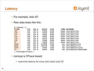 Latency
•

For example, disk I/O

•

Raw data looks like this:
# iosnoop -o
DTIME
UID
PID
125
100
337
138
100
337
127
100
337
135
100
337
118
100
337
108
100
337
87
100
337
9148
100
337
8806
100
337
2262
100
337
76
100
337
[...many pages of output...]

•

BLOCK
72608
72624
72640
72656
72672
72688
72696
113408
104738
13600
13616

SIZE
8192
8192
8192
8192
8192
4096
3072
8192
7168
1024
1024

COMM
bash
bash
bash
bash
bash
bash
bash
tar
tar
tar
tar

iosnoop is DTrace based

•
49

D
R
R
R
R
R
R
R
R
R
R
R

examines latency for every disk (back end) I/O

PATHNAME
/usr/sbin/tar
/usr/sbin/tar
/usr/sbin/tar
/usr/sbin/tar
/usr/sbin/tar
/usr/sbin/tar
/usr/sbin/tar
/etc/default/lu
/etc/default/lu
/etc/default/cron
/etc/default/devfsadm

 