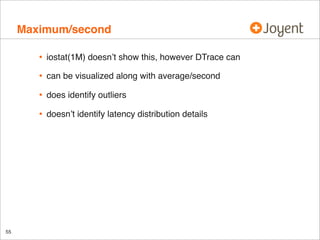 Maximum/second
•
•

can be visualized along with average/second

•

does identify outliers

•

55

iostat(1M) doesn’t show this, however DTrace can

doesn’t identify latency distribution details

 