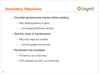 Secondary Objectives
•

Consider performance metrics before plotting

•
•

•

Why studying latency is good
... and studying IOPS can be bad

See the value of visualizations

•
•

•

Why heat maps are needed
... and line graphs can be bad

Remember key examples

•
•

9

I/O latency, as a heat map
CPU utilization by CPU, as a heat map

 
