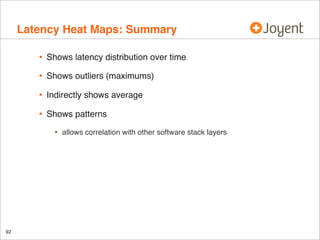 Latency Heat Maps: Summary
•

Shows latency distribution over time

•

Shows outliers (maximums)

•

Indirectly shows average

•

Shows patterns

•

92

allows correlation with other software stack layers

 