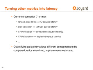 Turning other metrics into latency
•

Currency converter (* -> ms):

•
•

CPU utilization == code path execution latency

...