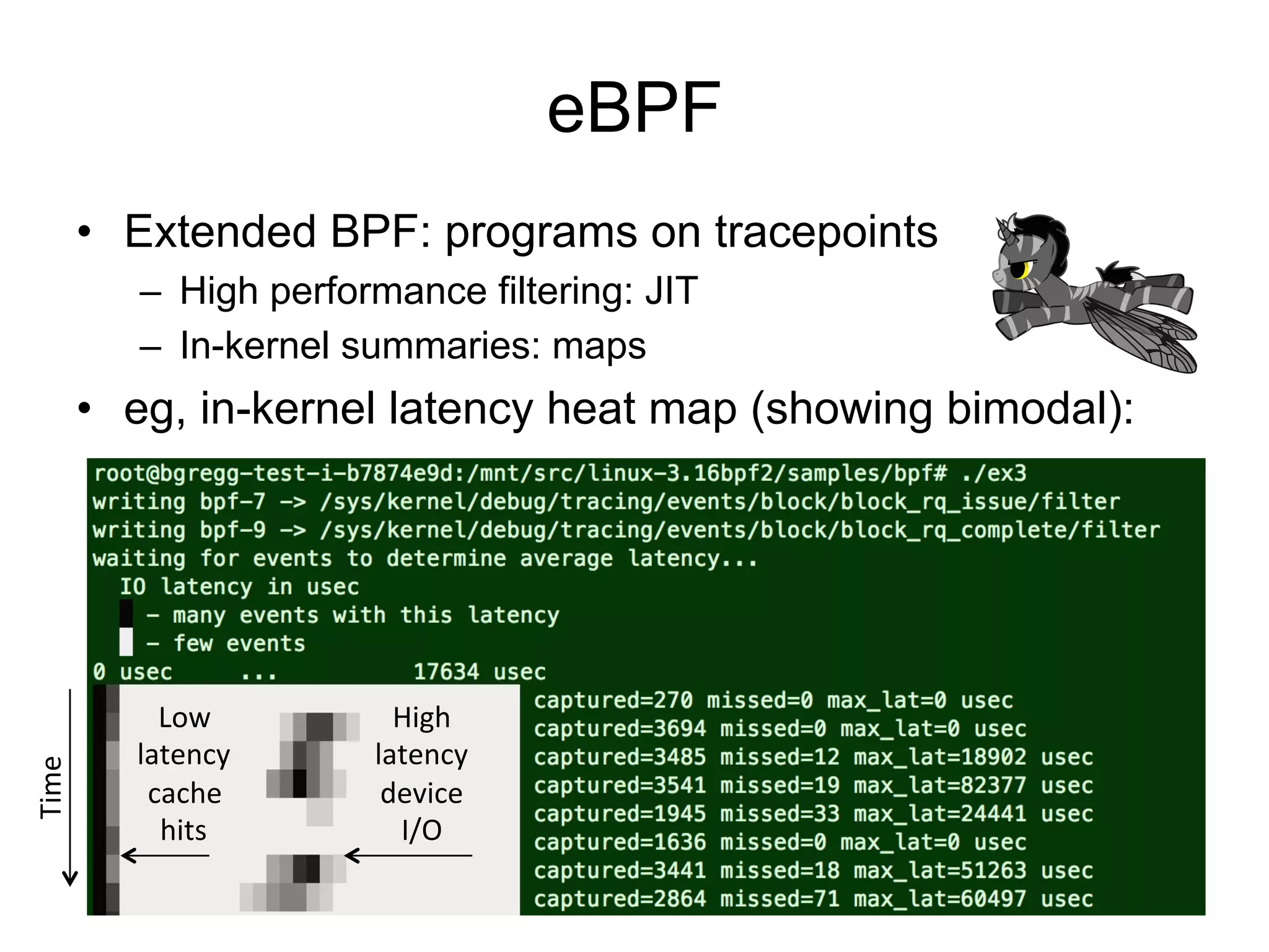 eBPF 
• Extended BPF: programs on tracepoints 
– High performance filtering: JIT 
– In-kernel summaries: maps 
• eg, in-kernel latency heat map (showing bimodal): 
Low 
latency 
cache 
hits 
High 
latency 
device 
I/O 
Time 
 