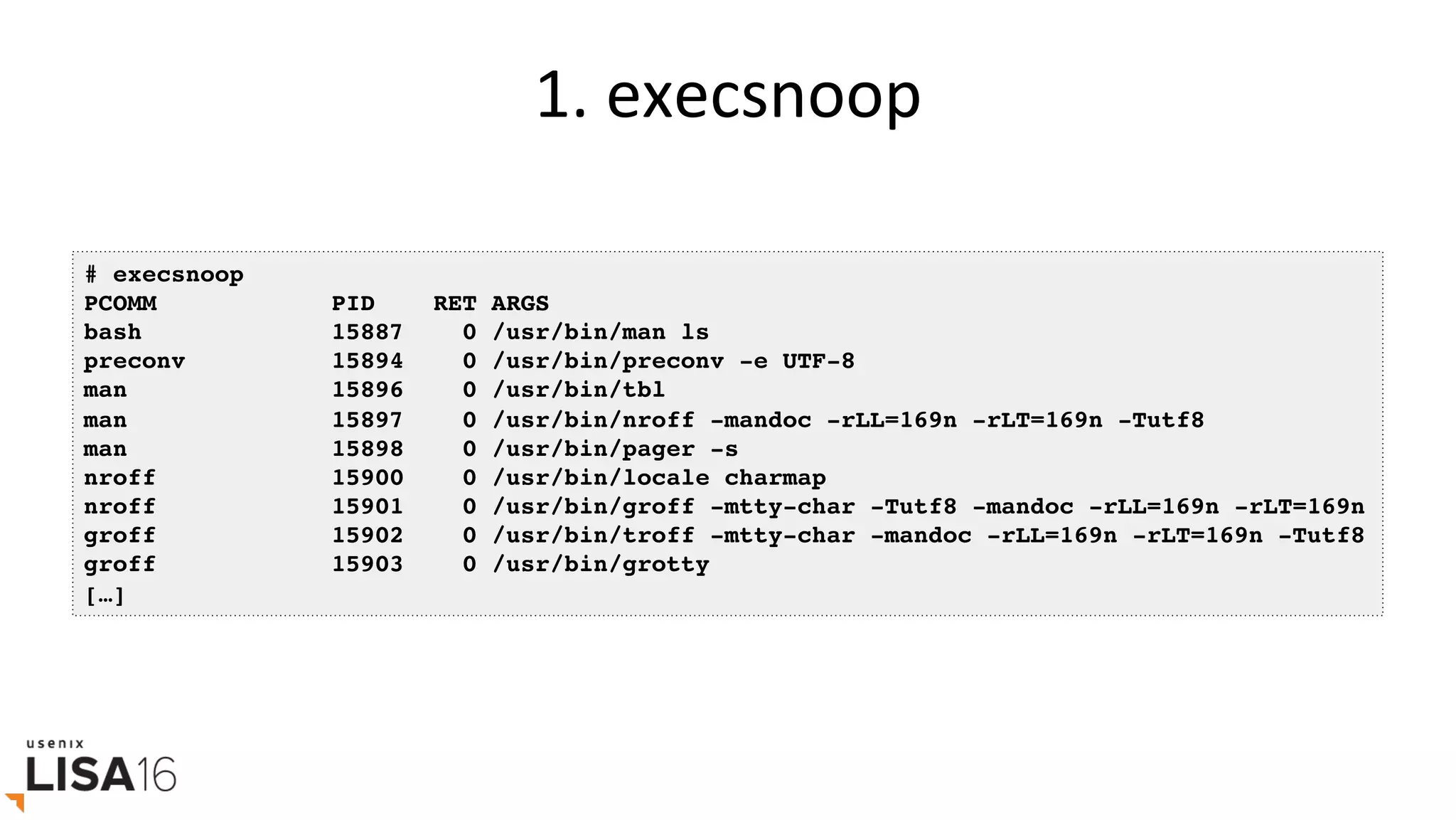 1.	execsnoop	
# execsnoop
PCOMM PID RET ARGS
bash 15887 0 /usr/bin/man ls
preconv 15894 0 /usr/bin/preconv -e UTF-8
man 15896 0 /usr/bin/tbl
man 15897 0 /usr/bin/nroff -mandoc -rLL=169n -rLT=169n -Tutf8
man 15898 0 /usr/bin/pager -s
nroff 15900 0 /usr/bin/locale charmap
nroff 15901 0 /usr/bin/groff -mtty-char -Tutf8 -mandoc -rLL=169n -rLT=169n
groff 15902 0 /usr/bin/troff -mtty-char -mandoc -rLL=169n -rLT=169n -Tutf8
groff 15903 0 /usr/bin/grotty
[…]
 