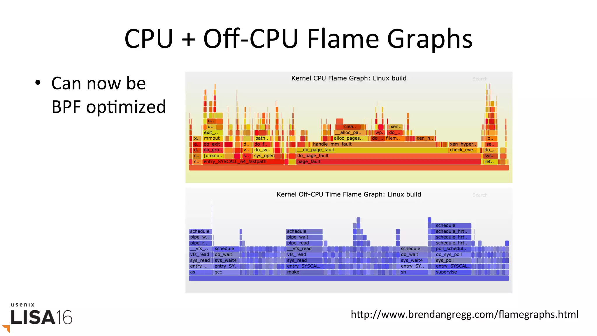 CPU	+	Oﬀ-CPU	Flame	Graphs	
hrp://www.brendangregg.com/ﬂamegraphs.html	
•  Can	now	be	
BPF	opGmized	
 