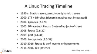 A	Linux	Tracing	Timeline	
•  1990’s:	StaGc	tracers,	prototype	dynamic	tracers	
•  2000:	LTT	+	DProbes	(dynamic	tracing;	not	integrated)	
•  2004:	kprobes	(2.6.9)	
•  2005:	DTrace	(not	Linux),	SystemTap	(out-of-tree)	
•  2008:	Orace	(2.6.27)	
•  2009:	perf	(2.6.31)	
•  2009:	tracepoints	(2.6.32)	
•  2010-2016:	Orace	&	perf_events	enhancements	
•  2014-2016:	BPF	patches	
also:	LTTng,	ktap,	sysdig,	...	
 