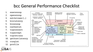 bcc	General	Performance	Checklist	
1.  	execsnoop
2.  	opensnoop
3.  	ext4slower	(…)	
4.  	biolatency
5.  	biosnoop
6.  	cachestat
7.  	tcpconnect
8.  	tcpaccept
9.  	tcpretrans
10.  	gethostlatency
11.  	runqlat
12.  	profile
 