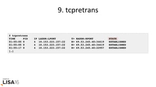 9.	tcpretrans	
# tcpretrans
TIME PID IP LADDR:LPORT T> RADDR:RPORT STATE
01:55:05 0 4 10.153.223.157:22 R> 69.53.245.40:34619 ESTABLISHED
01:55:05 0 4 10.153.223.157:22 R> 69.53.245.40:34619 ESTABLISHED
01:55:17 0 4 10.153.223.157:22 R> 69.53.245.40:22957 ESTABLISHED
[…]
 