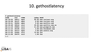 10.	gethostlatency	
# gethostlatency
TIME PID COMM LATms HOST
06:10:24 28011 wget 90.00 www.iovisor.org
06:10:28 28127 wget 0.00 www.iovisor.org
06:10:41 28404 wget 9.00 www.netflix.com
06:10:48 28544 curl 35.00 www.netflix.com.au
06:11:10 29054 curl 31.00 www.plumgrid.com
06:11:16 29195 curl 3.00 www.facebook.com
06:11:24 25313 wget 3.00 www.usenix.org
06:11:25 29404 curl 72.00 foo
06:11:28 29475 curl 1.00 foo
[…]
 