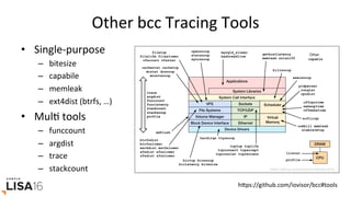 Other	bcc	Tracing	Tools	
•  Single-purpose	
–  bitesize	
–  capabile	
–  memleak	
–  ext4dist	(btrfs,	…)	
•  MulG	tools	
–  funccount	
–  argdist	
–  trace	
–  stackcount	
hrps://github.com/iovisor/bcc#tools	
 