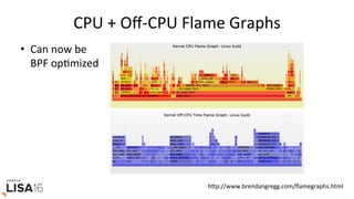 CPU	+	Oﬀ-CPU	Flame	Graphs	
hrp://www.brendangregg.com/ﬂamegraphs.html	
•  Can	now	be	
BPF	opGmized	
 