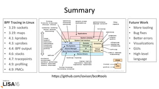 Summary	
BPF	Tracing	in	Linux	
•  3.19:	sockets	
•  3.19:	maps	
•  4.1:	kprobes	
•  4.3:	uprobes	
•  4.4:	BPF	output	
•  4.6:	stacks	
•  4.7:	tracepoints	
•  4.9:	proﬁling	
•  4.9:	PMCs	
hrps://github.com/iovisor/bcc#tools	
Future	Work	
•  More	tooling	
•  Bug	ﬁxes	
•  Berer	errors	
•  VisualizaGons	
•  GUIs	
•  High-level	
language	
 
