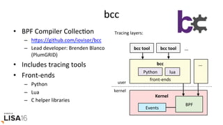 bcc	
•  BPF	Compiler	CollecGon	
–  hrps://github.com/iovisor/bcc		
–  Lead	developer:	Brenden	Blanco	
(PlumGRID)	
•  Includes	tracing	tools	
•  Front-ends	
–  Python	
–  Lua	
–  C	helper	libraries	
BPF	
Python	
Events	
Kernel	
lua	
bcc	
front-ends	
bcc	tool	 bcc	tool	 …	
…	
user	
kernel	
Tracing	layers:	
 