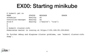 EX00: Starting minikube
$ kubectl get cs
NAME STATUS MESSAGE ERROR
scheduler Healthy ok
controller-manager Healthy ok
etcd-0 Healthy {"health": "true"}
$
$
$ kubectl cluster-info
Kubernetes master is running at https://192.168.99.100:8443
To further debug and diagnose cluster problems, use 'kubectl cluster-info
dump'.
42
 