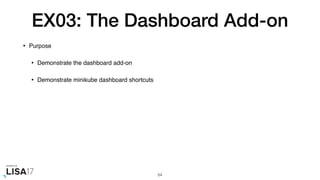 EX03: The Dashboard Add-on
• Purpose
• Demonstrate the dashboard add-on
• Demonstrate minikube dashboard shortcuts
54
 