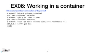 EX06: Working in a container
$ kubectl delete pod/redis-manual
pod "redis-manual" deleted
$ kubectl apply -f ./redis.yaml
pod "redis-manual" created
$ kubectl exec -it redis-manual /usr/local/bin/redis-cli
127.0.0.1:6379> get foo
(nil)
74
But does not persist across invocations of the pod itself
 