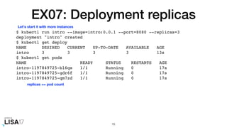 EX07: Deployment replicas
$ kubectl run intro --image=intro:0.0.1 --port=8080 --replicas=3
deployment "intro" created
$ kubectl get deploy
NAME DESIRED CURRENT UP-TO-DATE AVAILABLE AGE
intro 3 3 3 3 13s
$ kubectl get pods
NAME READY STATUS RESTARTS AGE
intro-1197849725-bl6qs 1/1 Running 0 17s
intro-1197849725-gdr6f 1/1 Running 0 17s
intro-1197849725-qm7zd 1/1 Running 0 17s
78
Let's start it with more instances
replicas == pod count
 