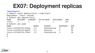 EX07: Deployment replicas
$ kubectl scale deploy/intro --replicas=1
deployment "intro" scaled
$ kubectl get deploy/intro
NAME DESIRED CURRENT UP-TO-DATE AVAILABLE AGE
intro 1 1 1 1 2m
$ kubectl get pods
NAME READY STATUS RESTARTS AGE
intro-1197849725-bl6qs 1/1 Terminating 0 3m
intro-1197849725-gdr6f 1/1 Running 0 3m
intro-1197849725-l50k3 1/1 Terminating 0 1m
$
$
80
Scale it down to 1
 