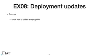 EX08: Deployment updates
• Purpose
• Show how to update a deployment
81
 