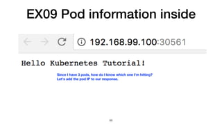 EX09 Pod information inside
88
Since I have 3 pods, how do I know which one I'm hitting?
Let's add the pod IP to our response.
 