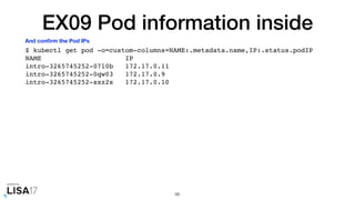 EX09 Pod information inside
$ kubectl get pod -o=custom-columns=NAME:.metadata.name,IP:.status.podIP
NAME IP
intro-3265745252-07l0b 172.17.0.11
intro-3265745252-0qw03 172.17.0.9
intro-3265745252-sxz2s 172.17.0.10
95
And conﬁrm the Pod IPs
 