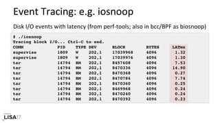 Event	Tracing:	e.g.	iosnoop		
Disk	I/O	events	with	latency	(from	perf-tools;	also	in	bcc/BPF	as	biosnoop)	
# ./iosnoop
Tracing block I/O... Ctrl-C to end.
COMM PID TYPE DEV BLOCK BYTES LATms
supervise 1809 W 202,1 17039968 4096 1.32
supervise 1809 W 202,1 17039976 4096 1.30
tar 14794 RM 202,1 8457608 4096 7.53
tar 14794 RM 202,1 8470336 4096 14.90
tar 14794 RM 202,1 8470368 4096 0.27
tar 14794 RM 202,1 8470784 4096 7.74
tar 14794 RM 202,1 8470360 4096 0.25
tar 14794 RM 202,1 8469968 4096 0.24
tar 14794 RM 202,1 8470240 4096 0.24
tar 14794 RM 202,1 8470392 4096 0.23
 