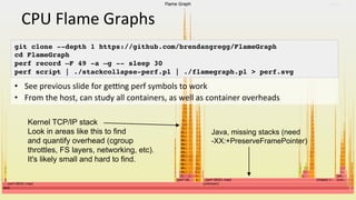 CPU	Flame	Graphs	
•  See	previous	slide	for	ge{ng	perf	symbols	to	work	
•  From	the	host,	can	study	all	containers,	as	well	as	container	overheads		
git clone --depth 1 https://github.com/brendangregg/FlameGraph
cd FlameGraph
perf record –F 49 -a –g -- sleep 30
perf script | ./stackcollapse-perf.pl | ./flamegraph.pl > perf.svg
Java, missing stacks (need
-XX:+PreserveFramePointer)
Kernel TCP/IP stack
Look in areas like this to find
and quantify overhead (cgroup
throttles, FS layers, networking, etc).
It's likely small and hard to find.
 