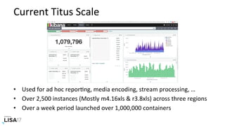 Current	Titus	Scale	
•  Used	for	ad	hoc	reporNng,	media	encoding,	stream	processing,	…	
•  Over	2,500	instances	(Mostly	m4.16xls	&	r3.8xls)	across	three	regions	
•  Over	a	week	period	launched	over	1,000,000	containers	
 