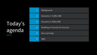 Today’s
agenda
1 Background
2 Scenario 1: Traffic-SRE
3 Scenario 2: Kafka-SRE
4 Building A Formula For Success
5 Key Learnings
6 Q&A
 