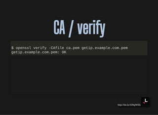 http://bit.ly/33NpWEk
CA / verifyCA / verify
$ openssl verify -CAfile ca.pem getip.example.com.pem
getip.example.com.pem: OK
 