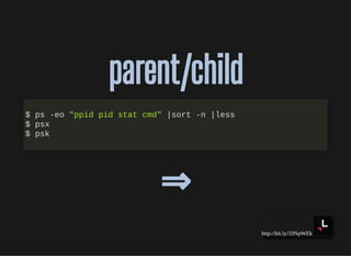 http://bit.ly/33NpWEk
parent/childparent/child
⇒⇒
$ ps -eo "ppid pid stat cmd" |sort -n |less
$ psx
$ psk
 
