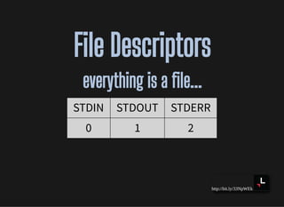 http://bit.ly/33NpWEk
File DescriptorsFile Descriptors
everything is a le...everything is a le...
STDIN STDOUT STDERR
0 1 2
 