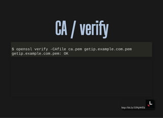 http://bit.ly/33NpWEk
CA / verifyCA / verify
$ openssl verify -CAfile ca.pem getip.example.com.pem
getip.example.com.pem: ...