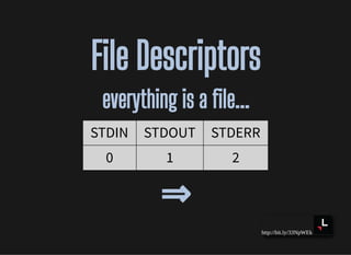 http://bit.ly/33NpWEk
File DescriptorsFile Descriptors
everything is a le...everything is a le...
STDIN STDOUT STDERR
0 1 ...