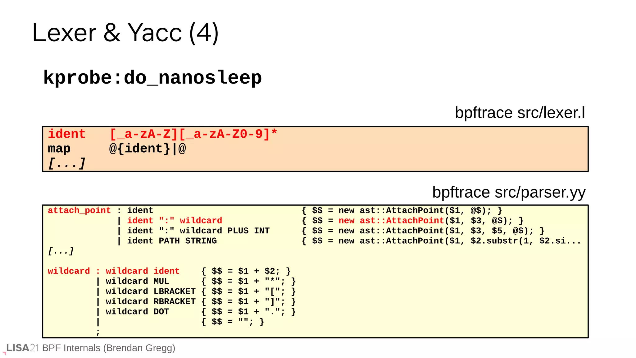 BPF Internals (Brendan Gregg)
ident [_a-zA-Z][_a-zA-Z0-9]*
map @{ident}|@
[...]
kprobe:do_nanosleep
Lexer & Yacc (4)
bpftrace src/lexer.l
attach_point : ident { $$ = new ast::AttachPoint($1, @$); }
| ident ":" wildcard { $$ = new ast::AttachPoint($1, $3, @$); }
| ident ":" wildcard PLUS INT { $$ = new ast::AttachPoint($1, $3, $5, @$); }
| ident PATH STRING { $$ = new ast::AttachPoint($1, $2.substr(1, $2.si...
[...]
wildcard : wildcard ident { $$ = $1 + $2; }
| wildcard MUL { $$ = $1 + "*"; }
| wildcard LBRACKET { $$ = $1 + "["; }
| wildcard RBRACKET { $$ = $1 + "]"; }
| wildcard DOT { $$ = $1 + "."; }
| { $$ = ""; }
;
bpftrace src/parser.yy
 