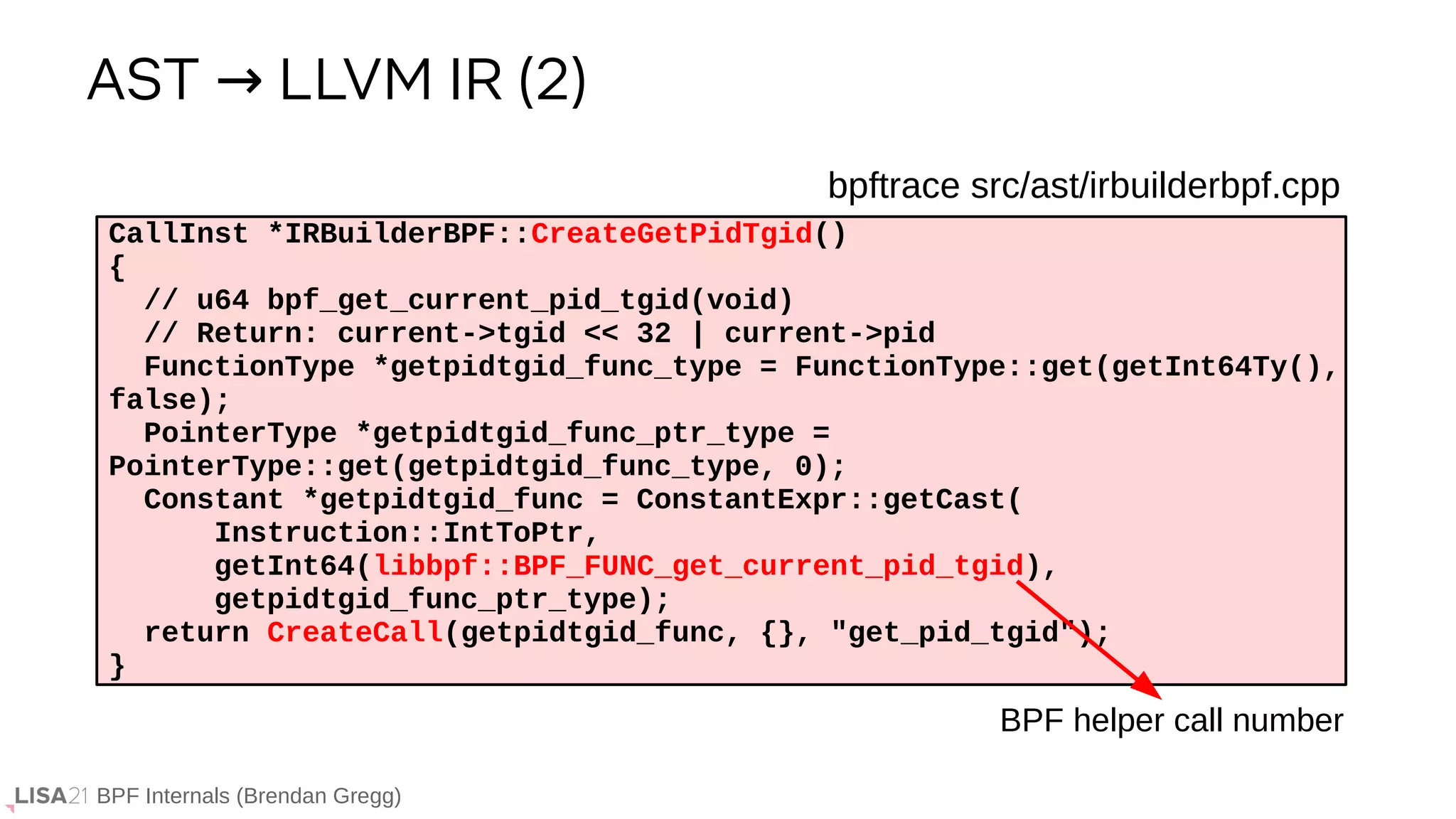 BPF Internals (Brendan Gregg)
bpftrace src/ast/irbuilderbpf.cpp
CallInst *IRBuilderBPF::CreateGetPidTgid()
{
// u64 bpf_get_current_pid_tgid(void)
// Return: current->tgid << 32 | current->pid
FunctionType *getpidtgid_func_type = FunctionType::get(getInt64Ty(),
false);
PointerType *getpidtgid_func_ptr_type =
PointerType::get(getpidtgid_func_type, 0);
Constant *getpidtgid_func = ConstantExpr::getCast(
Instruction::IntToPtr,
getInt64(libbpf::BPF_FUNC_get_current_pid_tgid),
getpidtgid_func_ptr_type);
return CreateCall(getpidtgid_func, {}, "get_pid_tgid");
}
AST LLVM IR (2)
→
BPF helper call number
 