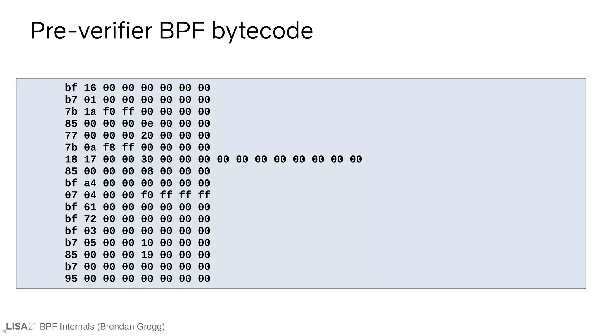 BPF Internals (Brendan Gregg)
bf 16 00 00 00 00 00 00
b7 01 00 00 00 00 00 00
7b 1a f0 ff 00 00 00 00
85 00 00 00 0e 00 00 00
77 00 00 00 20 00 00 00
7b 0a f8 ff 00 00 00 00
18 17 00 00 30 00 00 00 00 00 00 00 00 00 00 00
85 00 00 00 08 00 00 00
bf a4 00 00 00 00 00 00
07 04 00 00 f0 ff ff ff
bf 61 00 00 00 00 00 00
bf 72 00 00 00 00 00 00
bf 03 00 00 00 00 00 00
b7 05 00 00 10 00 00 00
85 00 00 00 19 00 00 00
b7 00 00 00 00 00 00 00
95 00 00 00 00 00 00 00
Pre-verifier BPF bytecode
 