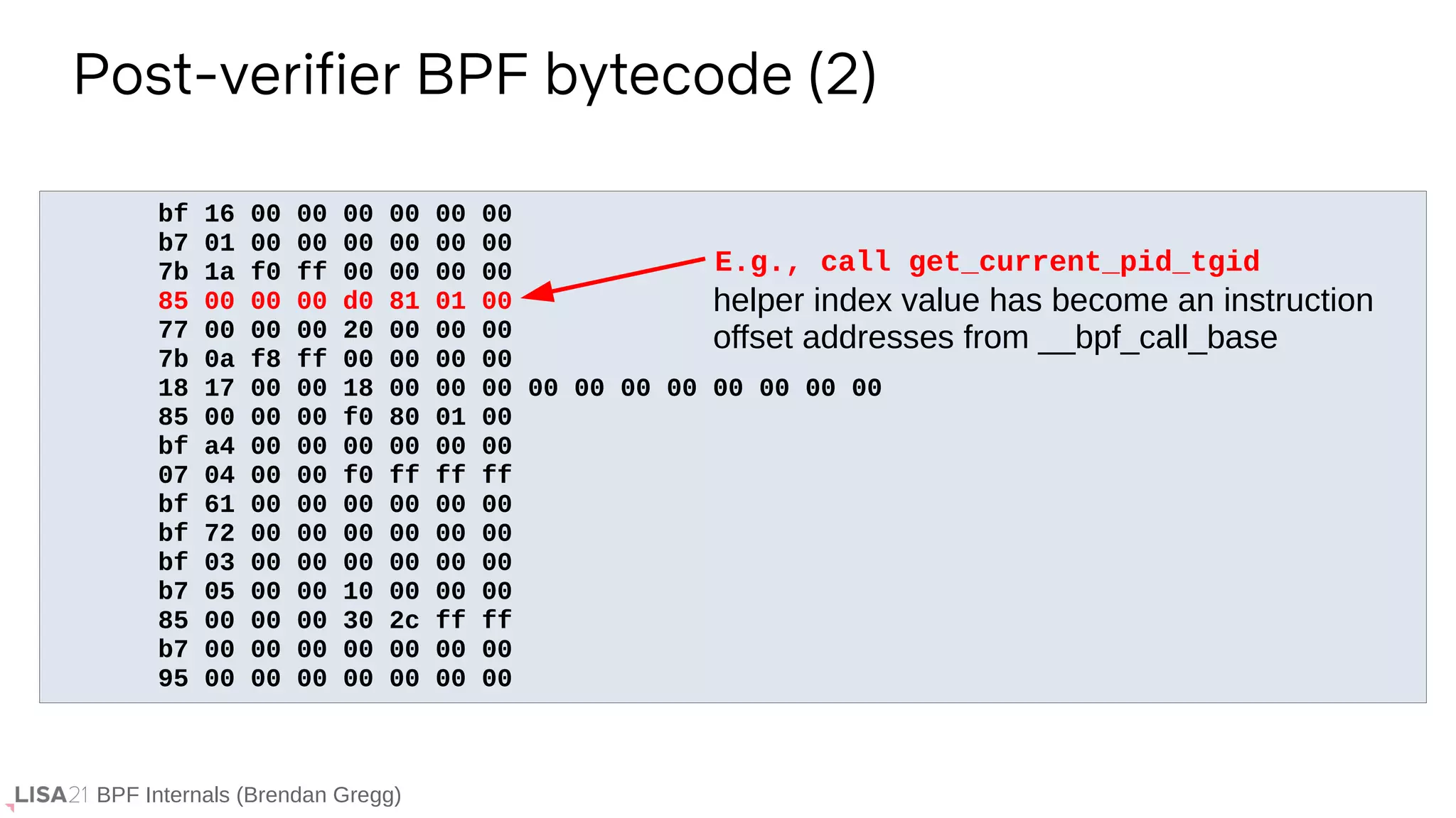 BPF Internals (Brendan Gregg)
bf 16 00 00 00 00 00 00
b7 01 00 00 00 00 00 00
7b 1a f0 ff 00 00 00 00
85 00 00 00 d0 81 01 00
77 00 00 00 20 00 00 00
7b 0a f8 ff 00 00 00 00
18 17 00 00 18 00 00 00 00 00 00 00 00 00 00 00
85 00 00 00 f0 80 01 00
bf a4 00 00 00 00 00 00
07 04 00 00 f0 ff ff ff
bf 61 00 00 00 00 00 00
bf 72 00 00 00 00 00 00
bf 03 00 00 00 00 00 00
b7 05 00 00 10 00 00 00
85 00 00 00 30 2c ff ff
b7 00 00 00 00 00 00 00
95 00 00 00 00 00 00 00
Post-verifier BPF bytecode (2)
E.g., call get_current_pid_tgid
helper index value has become an instruction
offset addresses from __bpf_call_base
 