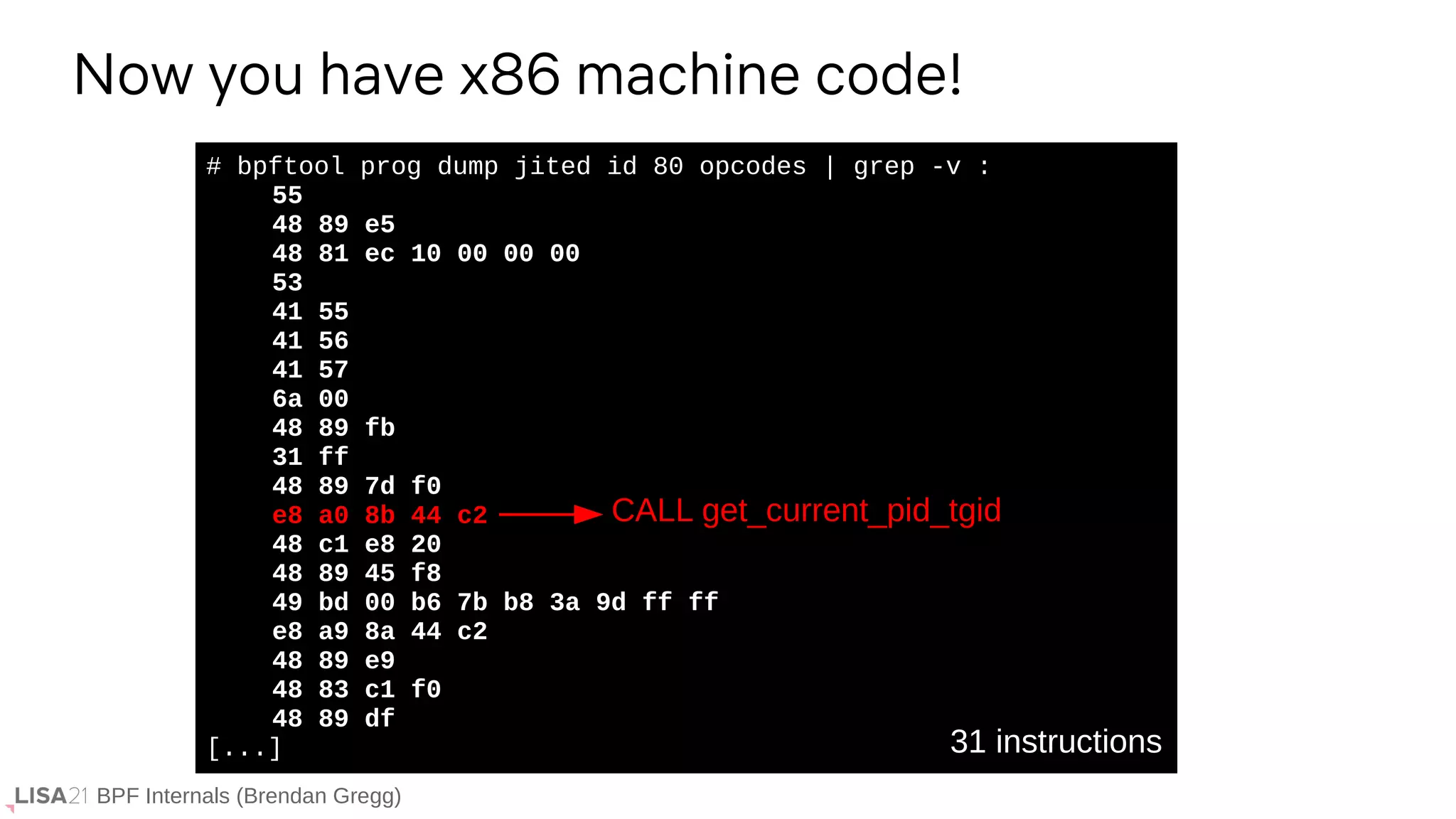 BPF Internals (Brendan Gregg)
# bpftool prog dump jited id 80 opcodes | grep -v :
55
48 89 e5
48 81 ec 10 00 00 00
53
41 55
41 56
41 57
6a 00
48 89 fb
31 ff
48 89 7d f0
e8 a0 8b 44 c2
48 c1 e8 20
48 89 45 f8
49 bd 00 b6 7b b8 3a 9d ff ff
e8 a9 8a 44 c2
48 89 e9
48 83 c1 f0
48 89 df
[...]
Now you have x86 machine code!
31 instructions
CALL get_current_pid_tgid
 