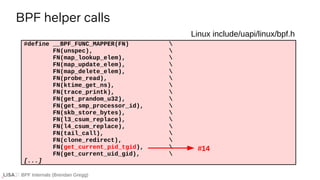 BPF Internals (Brendan Gregg)
#define __BPF_FUNC_MAPPER(FN) 
FN(unspec), 
FN(map_lookup_elem), 
FN(map_update_elem), 
FN(map_delete_elem), 
FN(probe_read), 
FN(ktime_get_ns), 
FN(trace_printk), 
FN(get_prandom_u32), 
FN(get_smp_processor_id), 
FN(skb_store_bytes), 
FN(l3_csum_replace), 
FN(l4_csum_replace), 
FN(tail_call), 
FN(clone_redirect), 
FN(get_current_pid_tgid), 
FN(get_current_uid_gid), 
[...]
Linux include/uapi/linux/bpf.h
BPF helper calls
#14
 