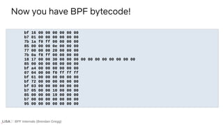 BPF Internals (Brendan Gregg)
bf 16 00 00 00 00 00 00
b7 01 00 00 00 00 00 00
7b 1a f0 ff 00 00 00 00
85 00 00 00 0e 00 00 00
77 00 00 00 20 00 00 00
7b 0a f8 ff 00 00 00 00
18 17 00 00 30 00 00 00 00 00 00 00 00 00 00 00
85 00 00 00 08 00 00 00
bf a4 00 00 00 00 00 00
07 04 00 00 f0 ff ff ff
bf 61 00 00 00 00 00 00
bf 72 00 00 00 00 00 00
bf 03 00 00 00 00 00 00
b7 05 00 00 10 00 00 00
85 00 00 00 19 00 00 00
b7 00 00 00 00 00 00 00
95 00 00 00 00 00 00 00
Now you have BPF bytecode!
 