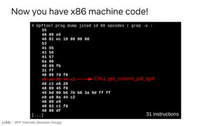 BPF Internals (Brendan Gregg)
# bpftool prog dump jited id 80 opcodes | grep -v :
55
48 89 e5
48 81 ec 10 00 00 00
53
41 55
41 56
41 57
6a 00
48 89 fb
31 ff
48 89 7d f0
e8 a0 8b 44 c2
48 c1 e8 20
48 89 45 f8
49 bd 00 b6 7b b8 3a 9d ff ff
e8 a9 8a 44 c2
48 89 e9
48 83 c1 f0
48 89 df
[...]
Now you have x86 machine code!
31 instructions
CALL get_current_pid_tgid
 