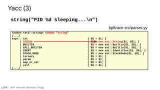 BPF Internals (Brendan Gregg)
string("PID %d sleeping...n")
Yacc (3)
%token <std::string> STRING "string"
[...]
expr : int...