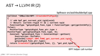BPF Internals (Brendan Gregg)
bpftrace src/ast/irbuilderbpf.cpp
CallInst *IRBuilderBPF::CreateGetPidTgid()
{
// u64 bpf_ge...